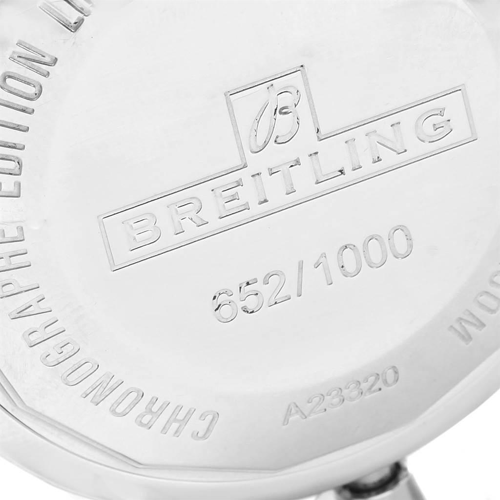 This image shows the back case of a Breitling Superocean A23320 Men
s Stainless Steel Silver Dial A23320 Men
s Stainless Steel Silver Dial watch, specifically depicting serial and model numbers.