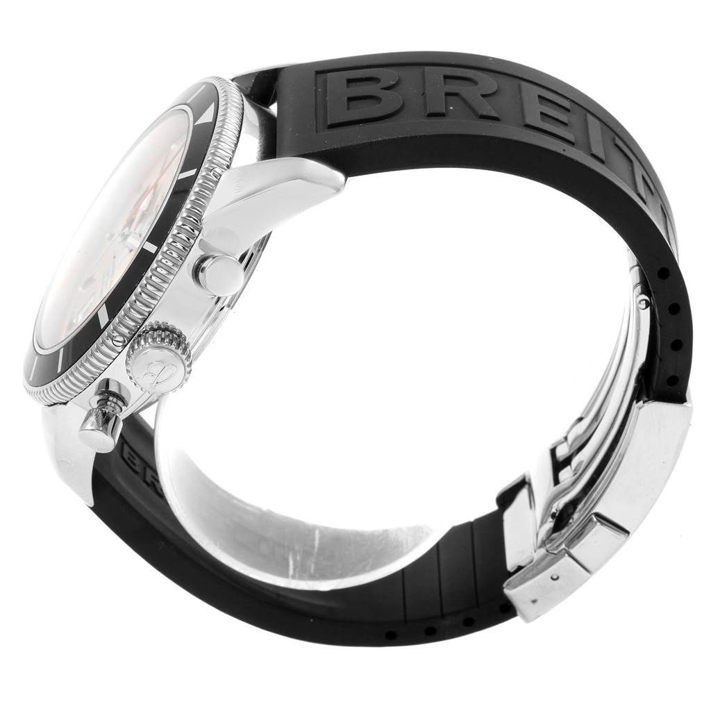The image shows a side view of the Breitling Superocean A23320 Men
s Stainless Steel Silver Dial A23320 Men
s Stainless Steel Silver Dial model watch, highlighting the crown, bezel, and black rubber strap.