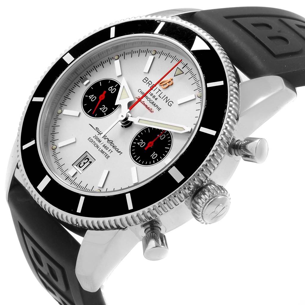 The image shows a close-up, angled view of a Breitling Superocean A23320 Men
s Stainless Steel Silver Dial A23320 Men
s Stainless Steel Silver Dial watch focusing on the dial, chronograph, bezel, and crown.