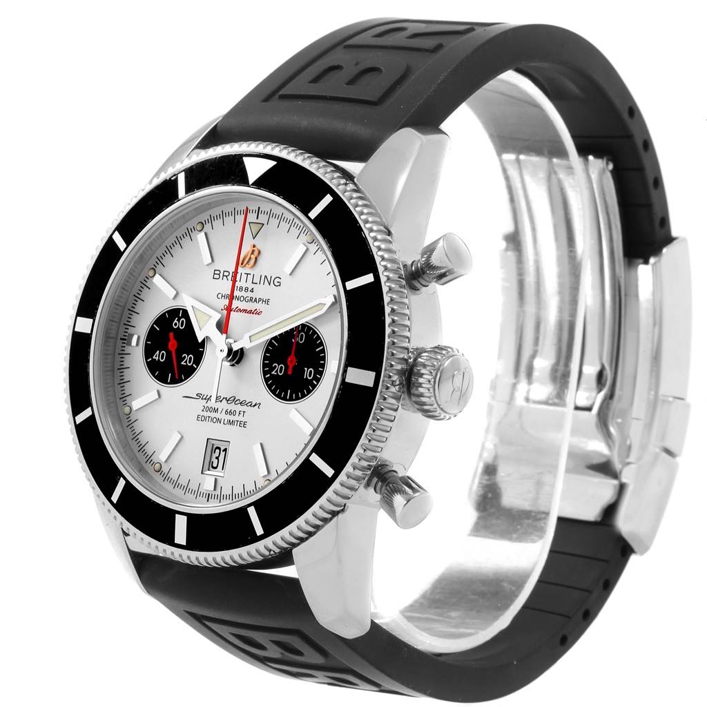 This image shows a Breitling Superocean A23320 Men
s Stainless Steel Silver Dial A23320 Men
s Stainless Steel Silver Dial watch from an angled front view, highlighting the watch face, bezel, pushers, and rubber strap.