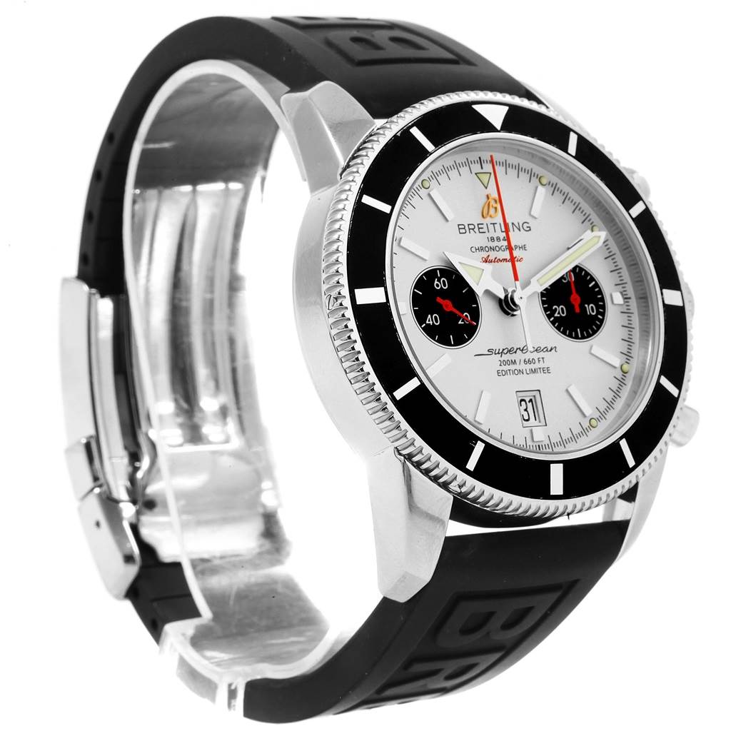 The Breitling Superocean A23320 Men
s Stainless Steel Silver Dial A23320 Men
s Stainless Steel Silver Dial watch is shown at a three-quarter angle, displaying the face, bezel, crown, and rubber strap.