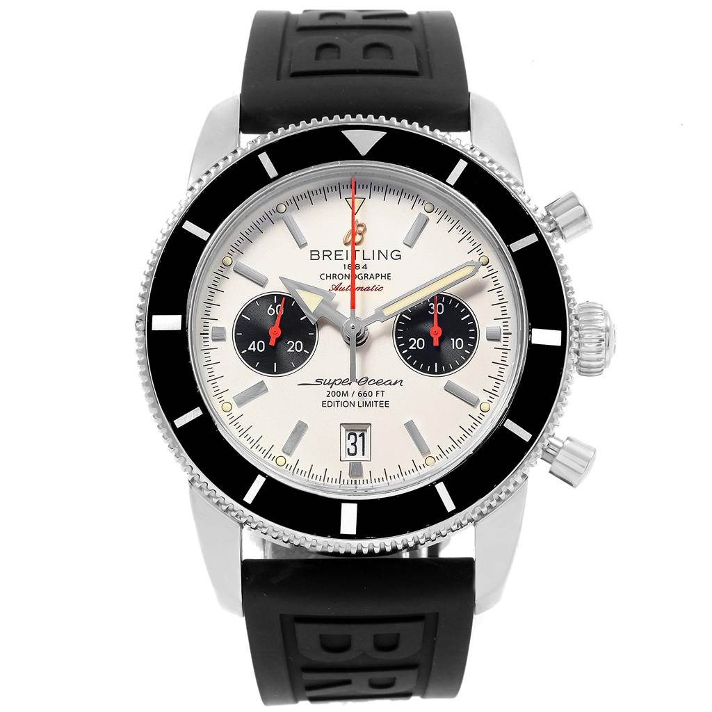 This Breitling Superocean A23320 Men
s Stainless Steel Silver Dial A23320 Men
s Stainless Steel Silver Dial watch is shown from a front view, displaying the dials, bezel, and rubber strap.