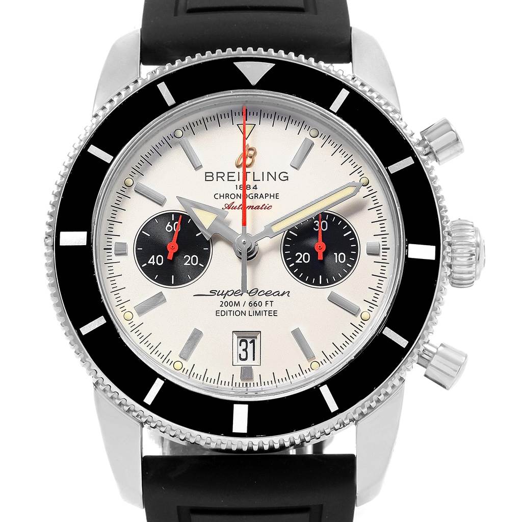 The image shows a front view of a Breitling Superocean A23320 Men
s Stainless Steel Silver Dial A23320 Men
s Stainless Steel Silver Dial model watch, highlighting the dial, bezel, and chronograph pushers.