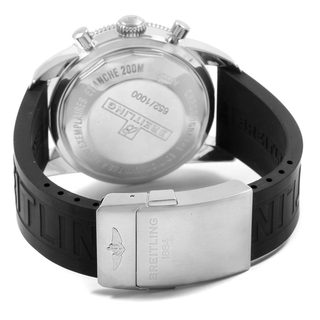The image shows the back view of a Breitling Superocean A23320 Men
s Stainless Steel Silver Dial A23320 Men
s Stainless Steel Silver Dial watch, highlighting the case back, rubber strap, and clasp.
