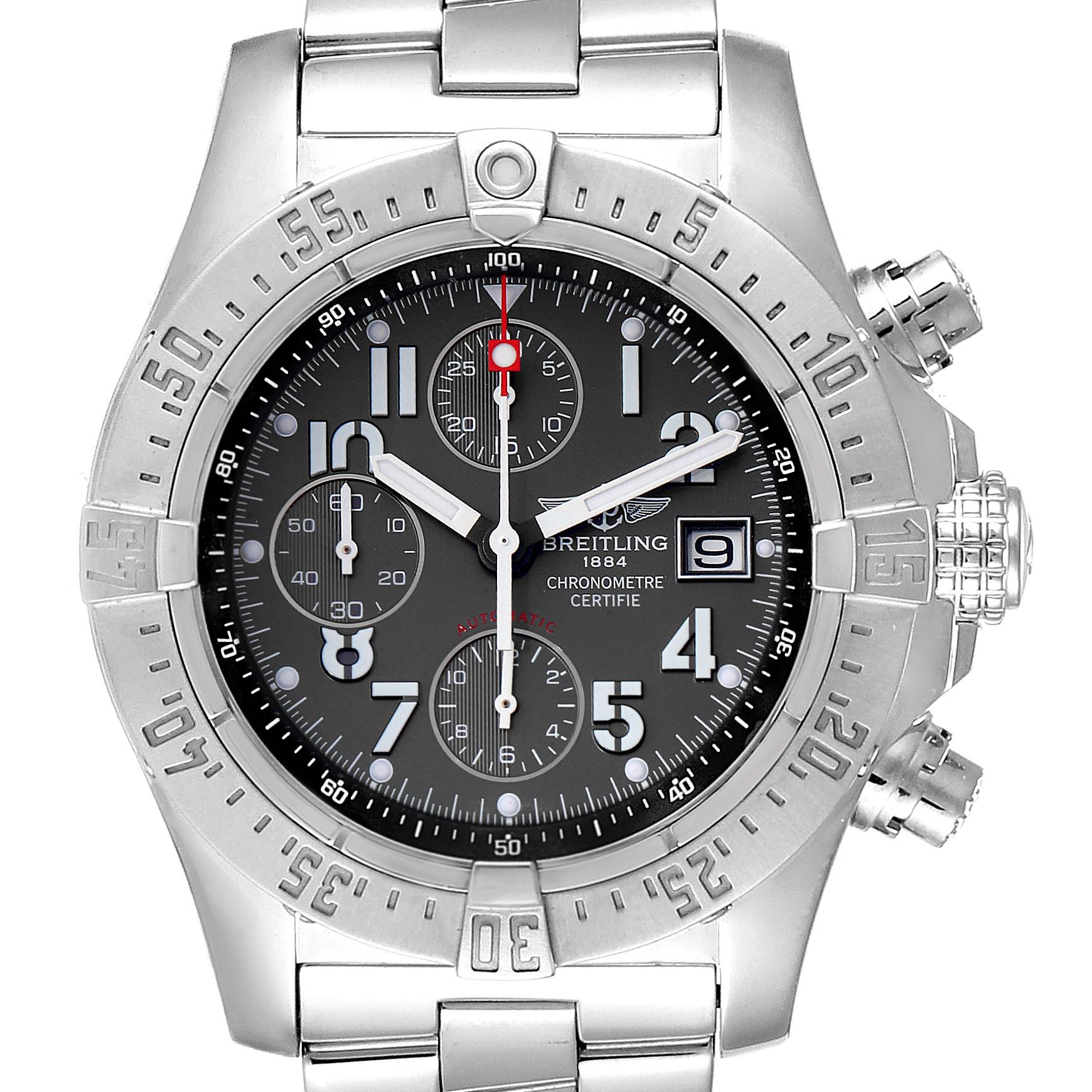 The image shows a front view of the Breitling Avenger A13380 Men's Stainless Steel Grey Dial A13380 Men's Stainless Steel Grey Dial watch, highlighting its dial, bezel, and chronograph subdials.
