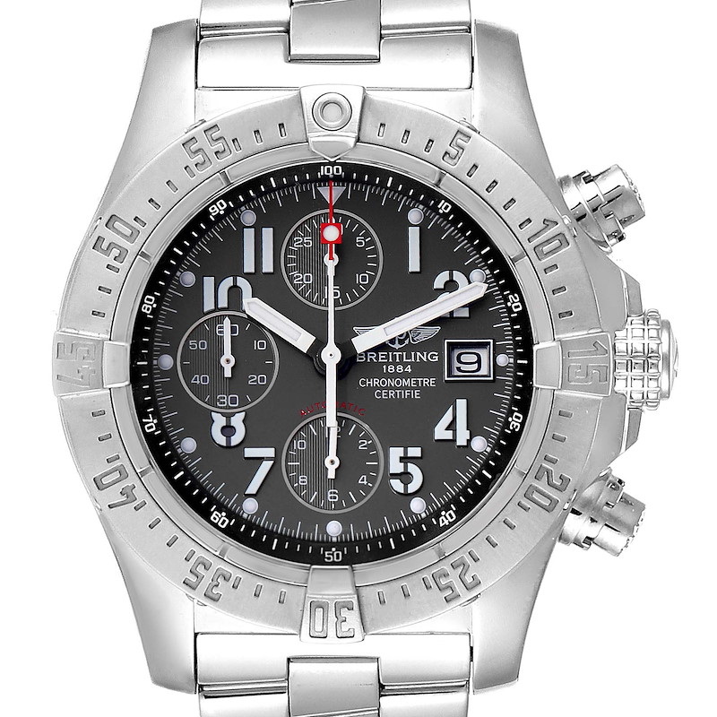 The image shows a front view of the Breitling Avenger watch, highlighting its dial, bezel, and chronograph subdials.