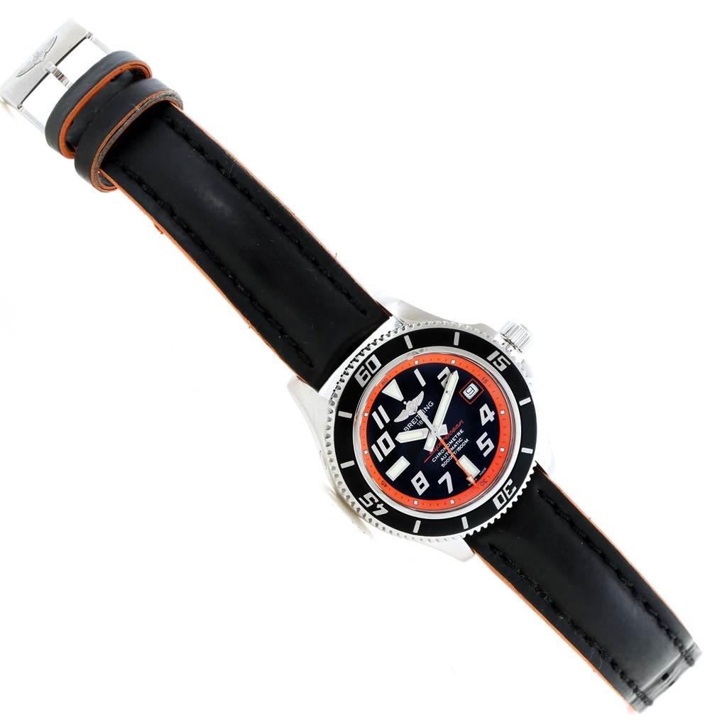 The Breitling Superocean A17364 Men's Stainless Steel Black Dial A17364 Men's Stainless Steel Black Dial watch is shown at an angled top-down perspective, highlighting the face, bezel, and leather strap.