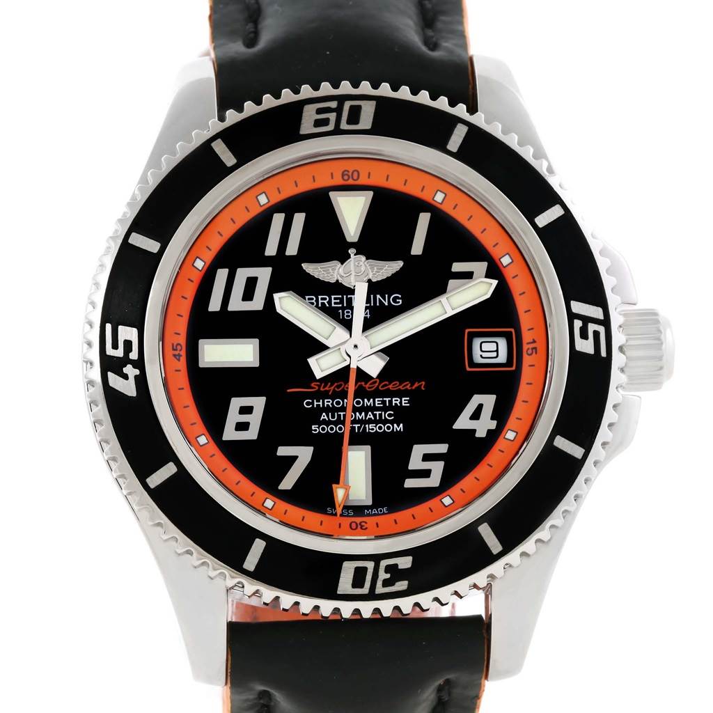 The image shows a front view of the Breitling Superocean A17364 Men's Stainless Steel Black Dial A17364 Men's Stainless Steel Black Dial watch, featuring the dial, bezel, crown, and part of the strap.