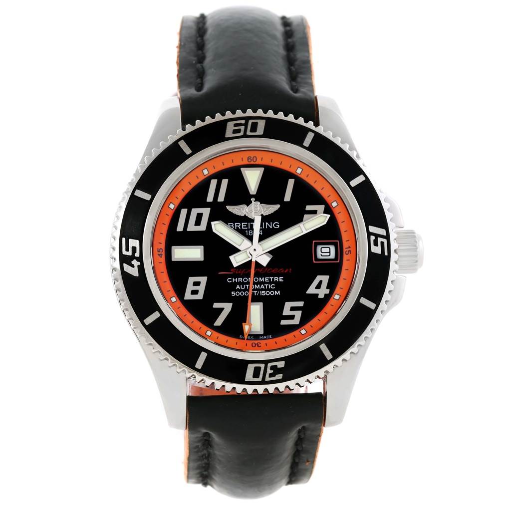 The image shows a front view of the Breitling Superocean A17364 Men's Stainless Steel Black Dial A17364 Men's Stainless Steel Black Dial watch, highlighting the dial, bezel, hands, and strap.