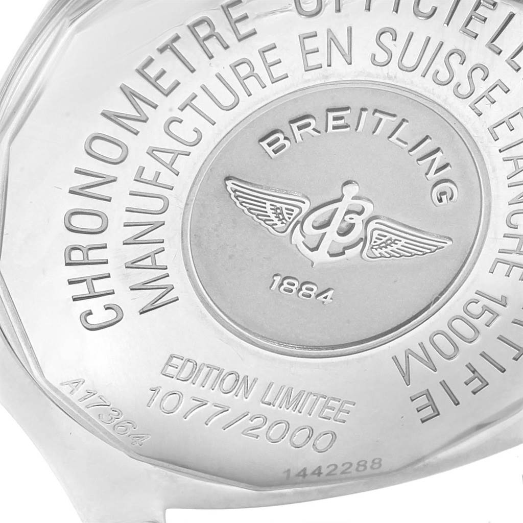 The image shows the back case of a Breitling Superocean A17364 Men's Stainless Steel Black Dial A17364 Men's Stainless Steel Black Dial watch, focusing on the engraved details and logo.