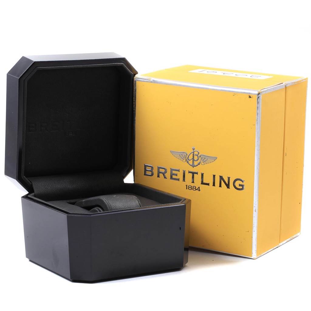 The image shows a Breitling Superocean A17364 Men's Stainless Steel Black Dial A17364 Men's Stainless Steel Black Dial watch box and its yellow branded packaging box.