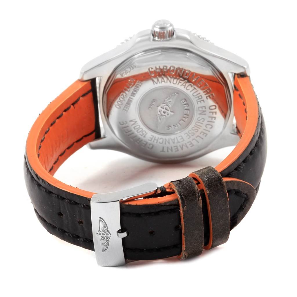 The image shows the back side of a Breitling Superocean A17364 Men's Stainless Steel Black Dial A17364 Men's Stainless Steel Black Dial watch, highlighting the case back and the leather strap with buckle.