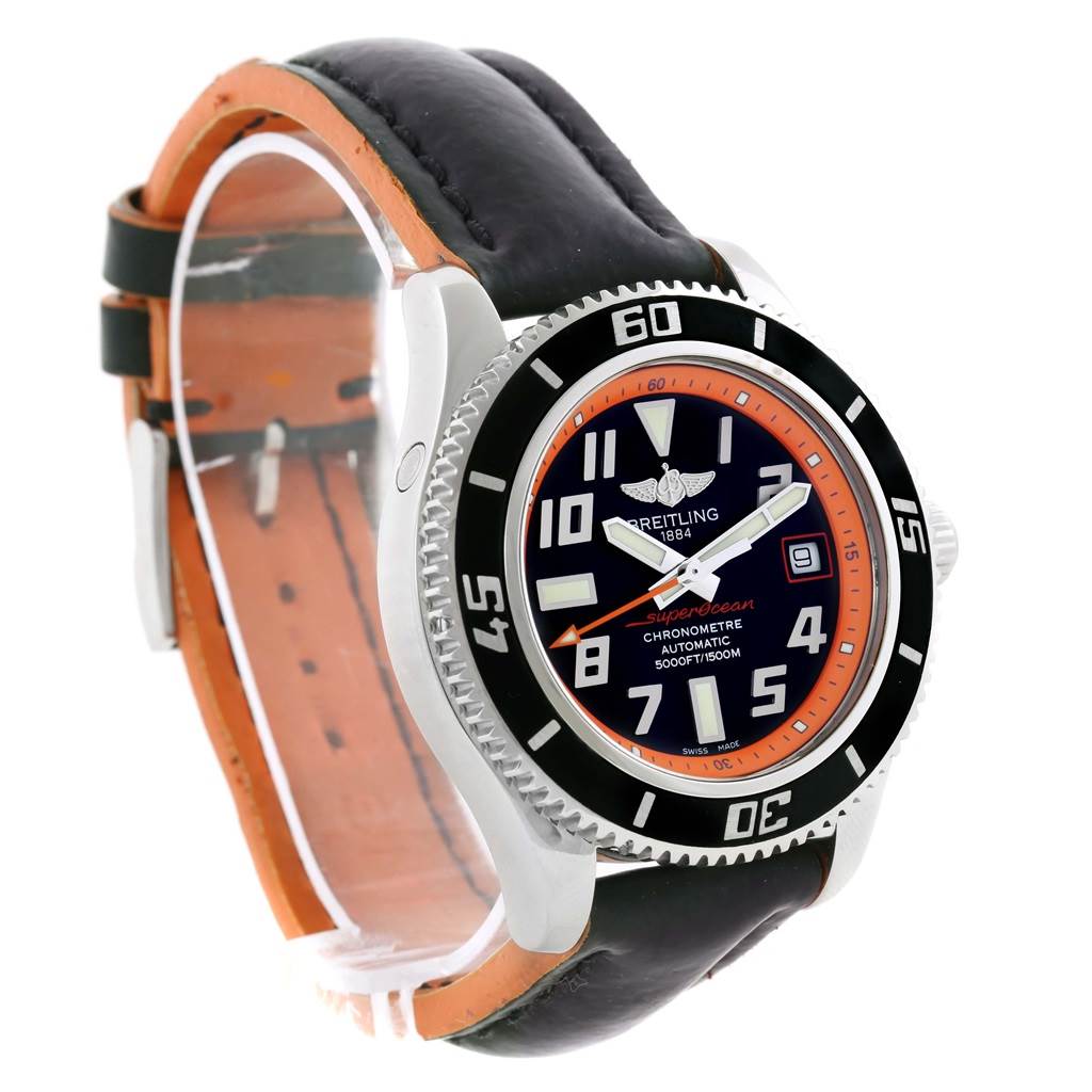 The image shows a Breitling Superocean A17364 Men's Stainless Steel Black Dial A17364 Men's Stainless Steel Black Dial watch from a side-front angle, highlighting its dial, bezel, and leather strap.