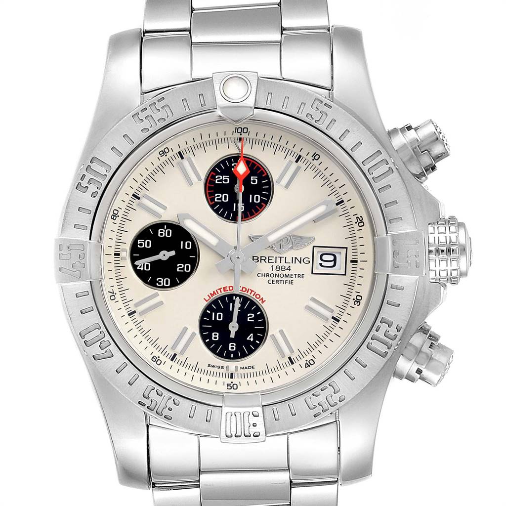 This image shows a front view of the Breitling Avenger A13381 Men
s Stainless Steel White Dial A13381 Men
s Stainless Steel White Dial watch, displaying its face, bezel, and part of the metal bracelet.