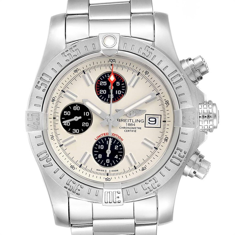 This image shows a front view of the Breitling Avenger watch, displaying its face, bezel, and part of the metal bracelet.