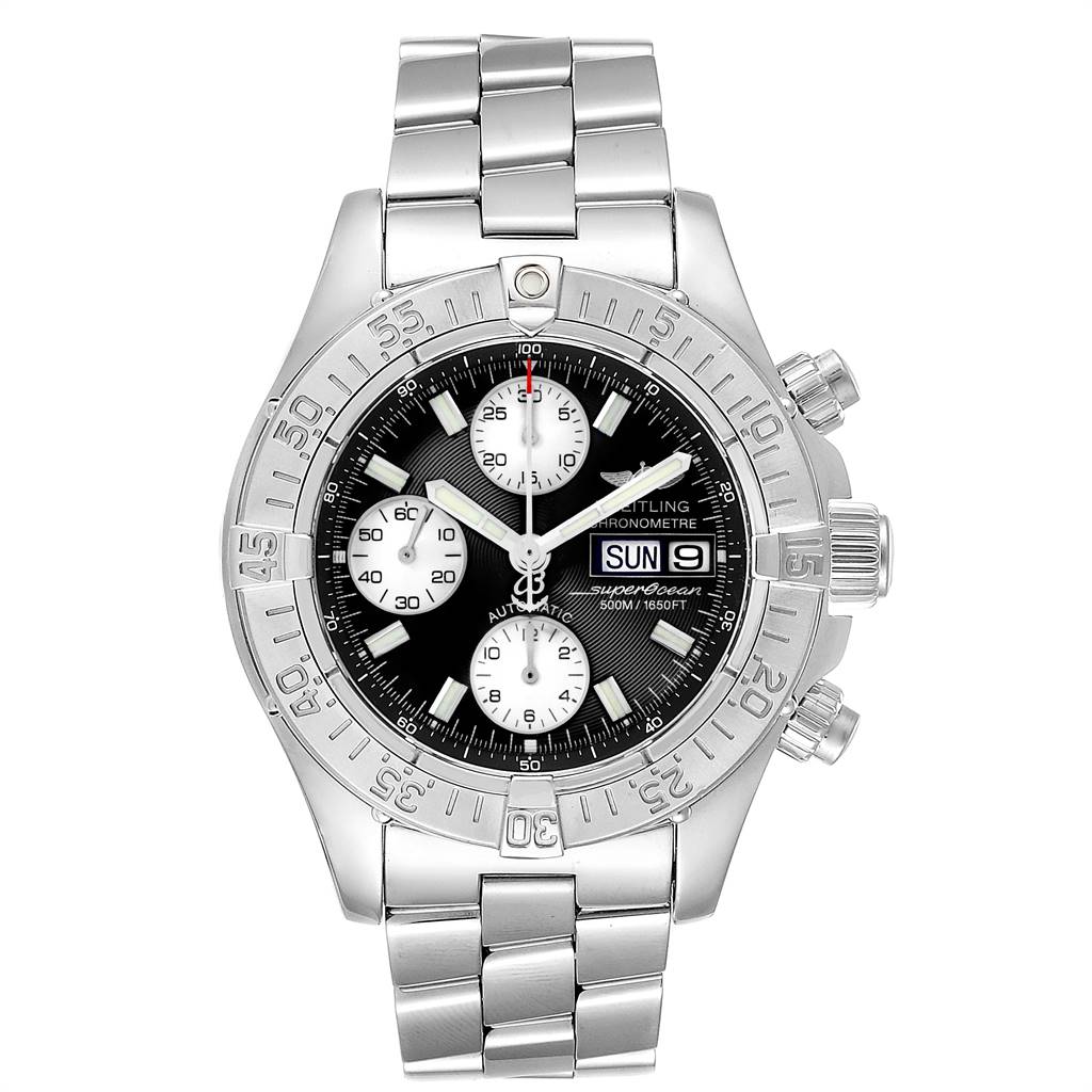 The Breitling Superocean A13340 Men's Stainless Steel Black Dial A13340 Men's Stainless Steel Black Dial model is shown from a front angle, displaying the watch face, band, and crown.