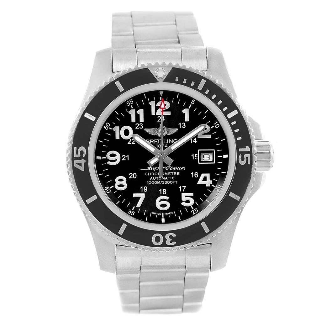 The Breitling Superocean A17392D8/C910 Men's Stainless Steel Black Dial A17392D8/C910 Men's Stainless Steel Black Dial watch is shown from a front angle, displaying the face, bezel, and part of the stainless steel bracelet.