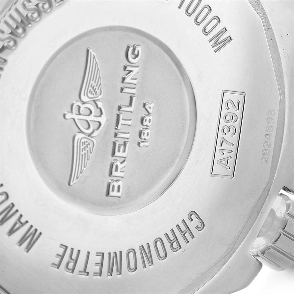 This image shows the engraved case back of a Breitling Superocean A17392D8/C910 Men's Stainless Steel Black Dial A17392D8/C910 Men's Stainless Steel Black Dial watch, displaying the brand logo and model details.