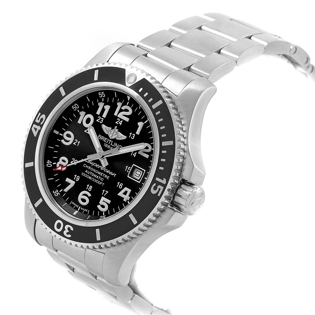 The Breitling Superocean A17392D8/C910 Men's Stainless Steel Black Dial A17392D8/C910 Men's Stainless Steel Black Dial watch is shown from an angled side view, displaying the dial, crown, and part of the bracelet.