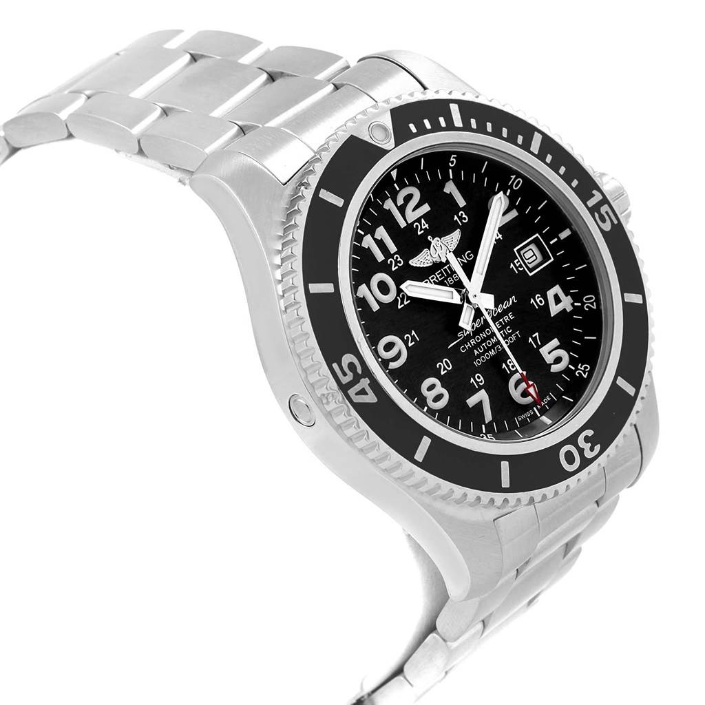 The image shows a Breitling Superocean A17392D8/C910 Men's Stainless Steel Black Dial A17392D8/C910 Men's Stainless Steel Black Dial watch at a slight side angle, displaying the face, bezel, and part of the metal bracelet.