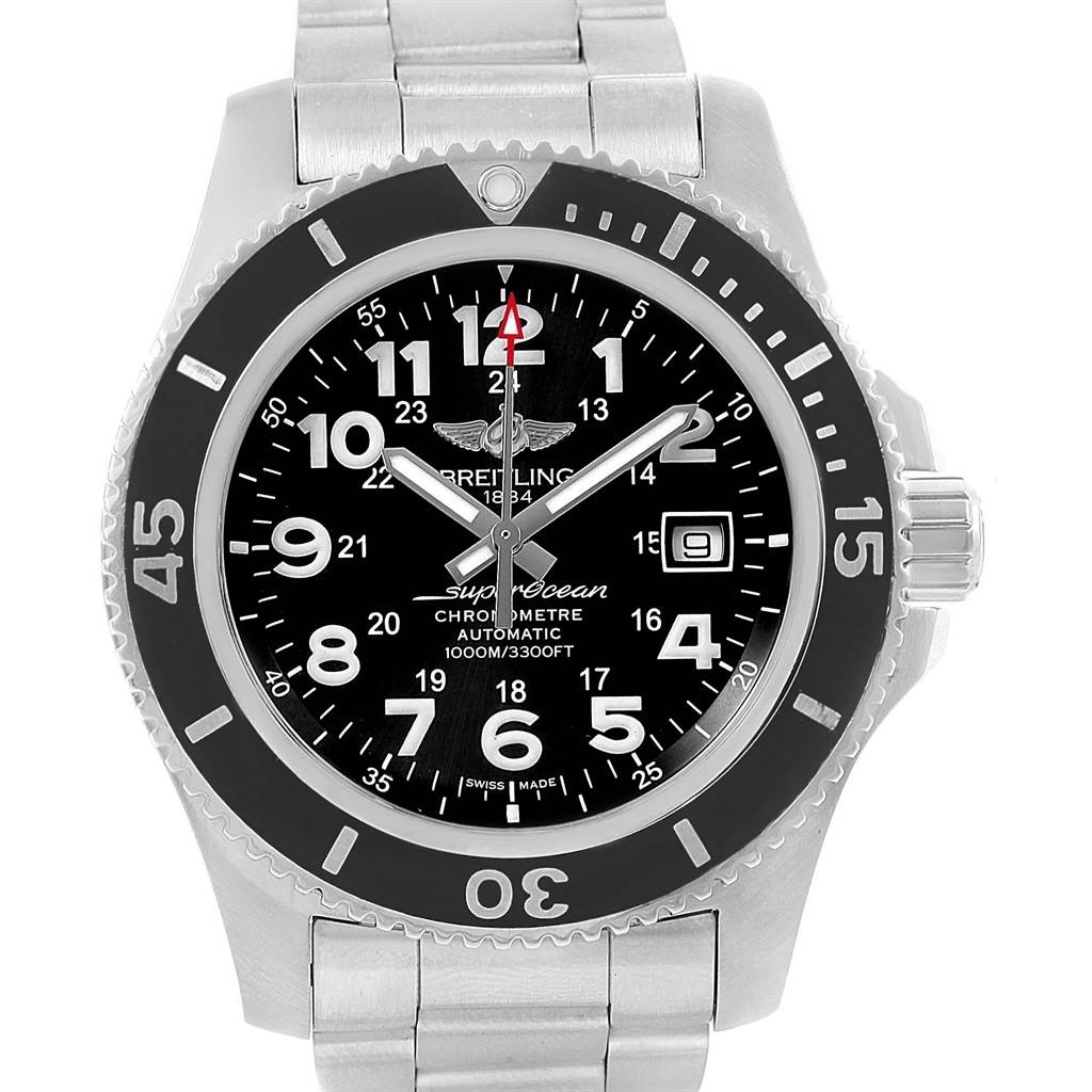 The image shows a Breitling Superocean A17392D8/C910 Men's Stainless Steel Black Dial A17392D8/C910 Men's Stainless Steel Black Dial watch from a front-facing angle displaying the dial, bezel, and part of the bracelet.
