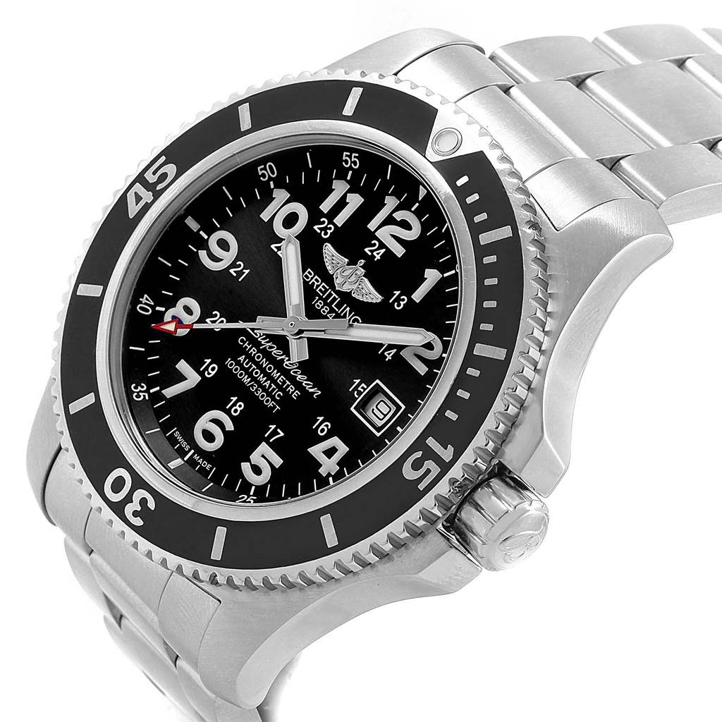 The image shows a stainless steel Breitling Superocean A17392D8/C910 Men's Stainless Steel Black Dial A17392D8/C910 Men's Stainless Steel Black Dial watch at a slight angle, clearly displaying its face, bezel, and part of the bracelet.