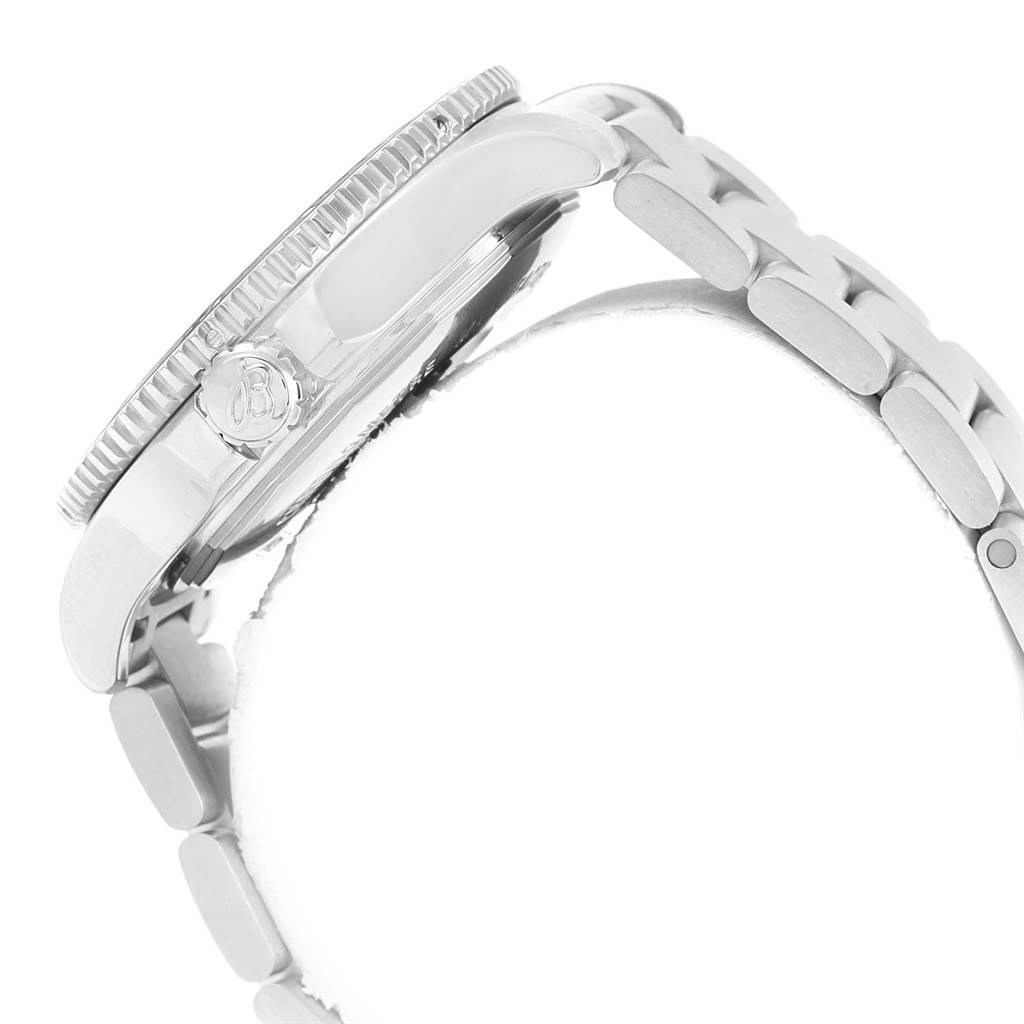 The image shows a side view of the Breitling Superocean A17392D8/C910 Men's Stainless Steel Black Dial A17392D8/C910 Men's Stainless Steel Black Dial watch, highlighting its crown and metal bracelet.