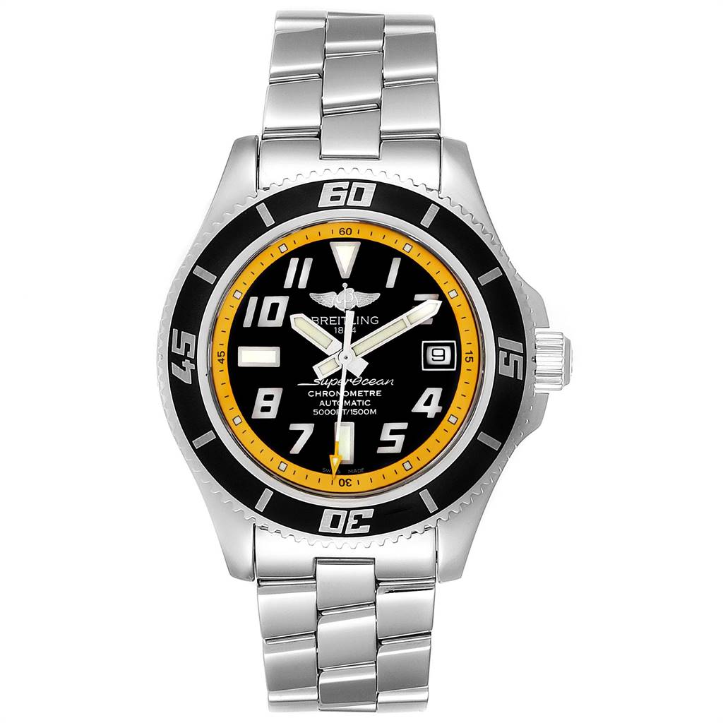 This image shows a head-on view of the Breitling Superocean A17364 Men's Stainless Steel Black Dial A17364 Men's Stainless Steel Black Dial watch, featuring its dial, bezel, and stainless steel bracelet.