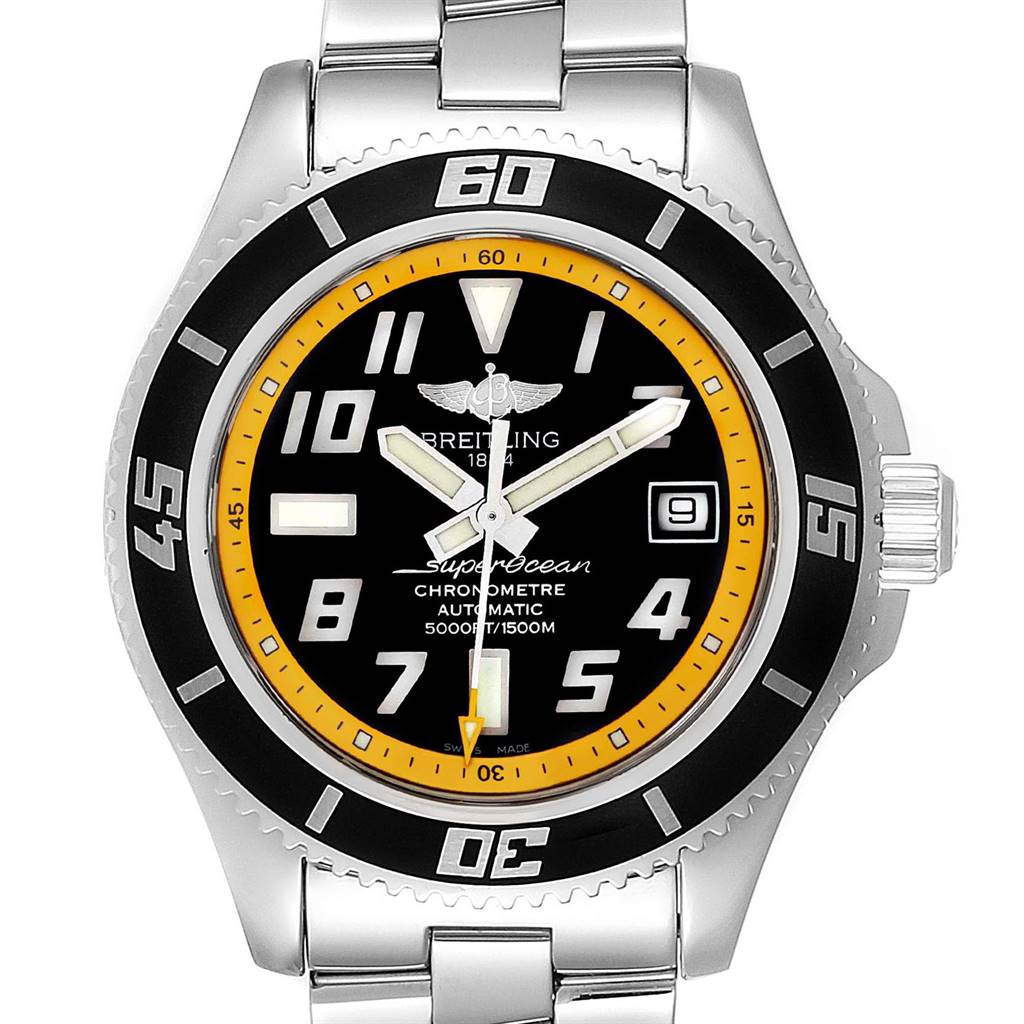 This image shows a front view of the Breitling Superocean A17364 Men's Stainless Steel Black Dial A17364 Men's Stainless Steel Black Dial watch, displaying the dial, bezel, hands, hour markers, and bracelet.