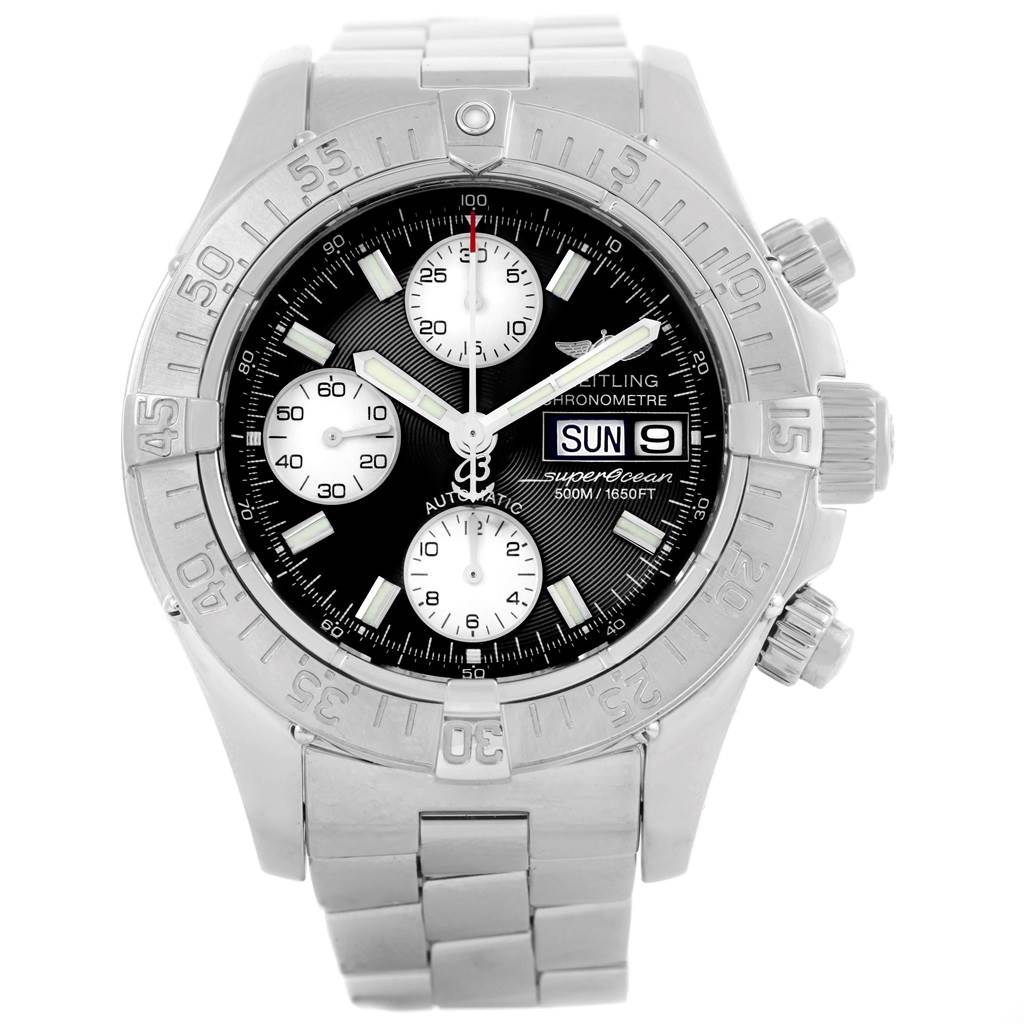The image shows a front view of a Breitling Superocean A13340 Men's Stainless Steel Black Dial A13340 Men's Stainless Steel Black Dial watch, highlighting its face, bezel, and metal bracelet.