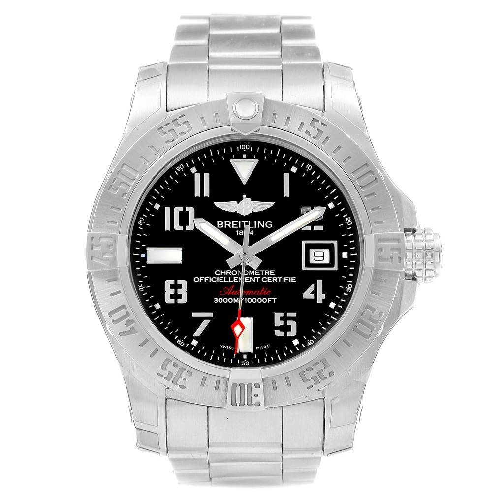 This image shows a front view of the Breitling Avenger A17331 Men's Stainless Steel Black Dial A17331 Men's Stainless Steel Black Dial watch, highlighting the dial, bezel, bracelet, and crown.