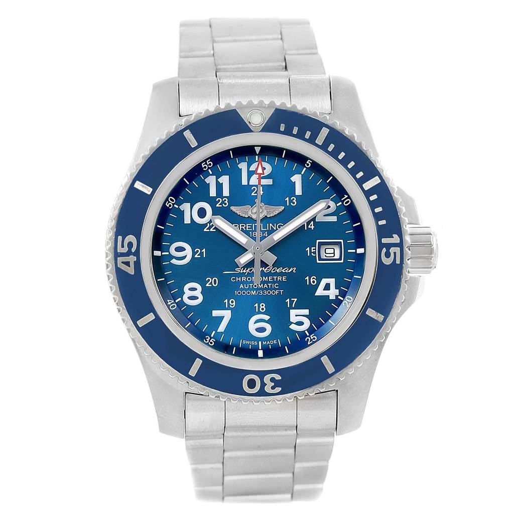 The image shows a front view of the Breitling Superocean A17392D8/C910 Men's Stainless Steel Blue Dial A17392D8/C910 Men's Stainless Steel Blue Dial watch, displaying the watch face, bezel, crown, and bracelet.