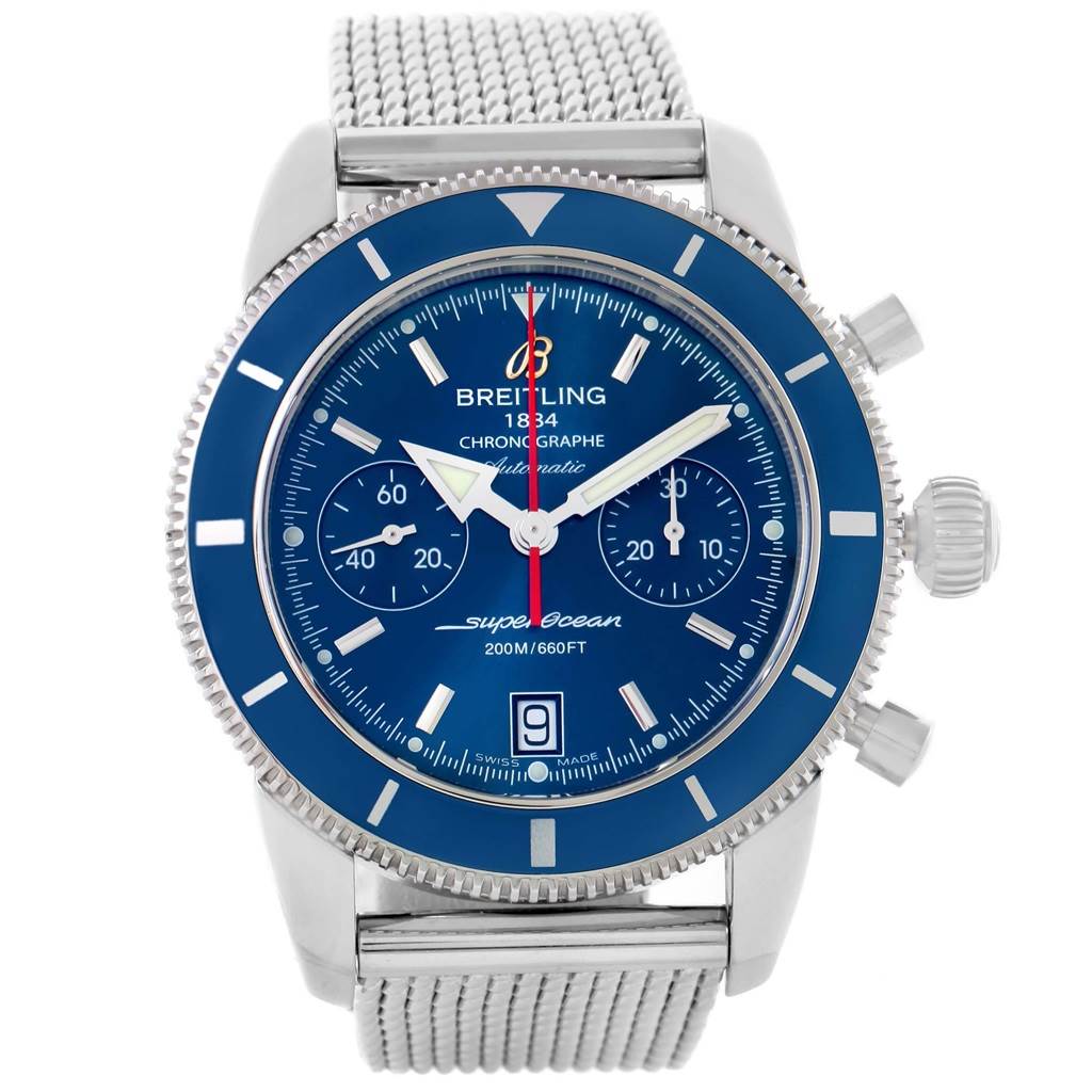 The image shows a front view of a Breitling Superocean A2337 Men's Stainless Steel Blue Dial A2337 Men's Stainless Steel Blue Dial watch with a mesh bracelet and blue dial.