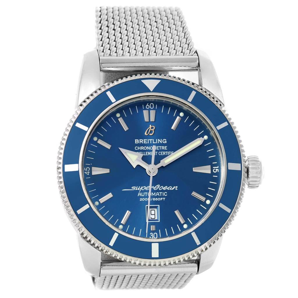 This image shows a front view of the Breitling Superocean A17320 Men's Stainless Steel Blue Dial A17320 Men's Stainless Steel Blue Dial watch, displaying its dial, bezel, and mesh strap.