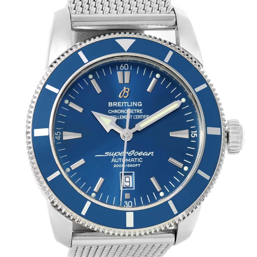 The image shows a front view of the Breitling Superocean A17320 Men's Stainless Steel Blue Dial A17320 Men's Stainless Steel Blue Dial watch, highlighting its blue dial, bezel, and mesh strap.