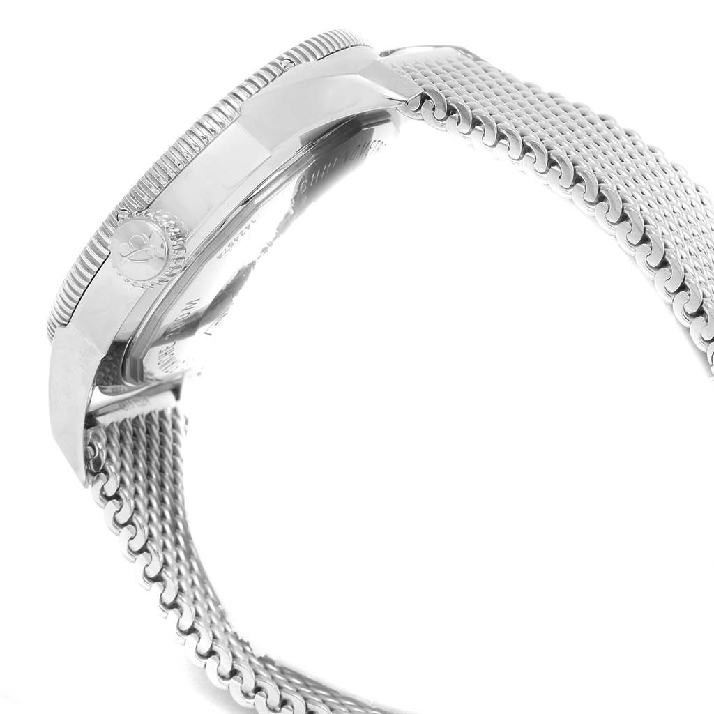 This image shows the side view of the Breitling Superocean A17320 Men's Stainless Steel Blue Dial A17320 Men's Stainless Steel Blue Dial watch, highlighting its case, crown, and metal bracelet.