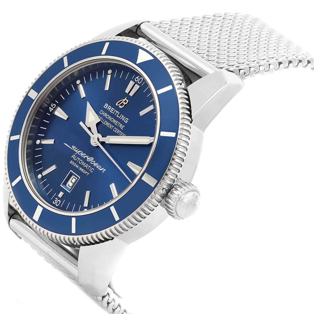 This image shows a close-up angle of a Breitling Superocean A17320 Men's Stainless Steel Blue Dial A17320 Men's Stainless Steel Blue Dial watch featuring its blue dial, bezel, and part of the mesh bracelet.