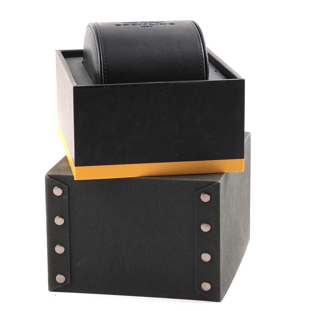 The image shows the packaging of a Breitling Superocean A17320 Men's Stainless Steel Blue Dial A17320 Men's Stainless Steel Blue Dial watch, including a watch box and leather case from an angled side view.