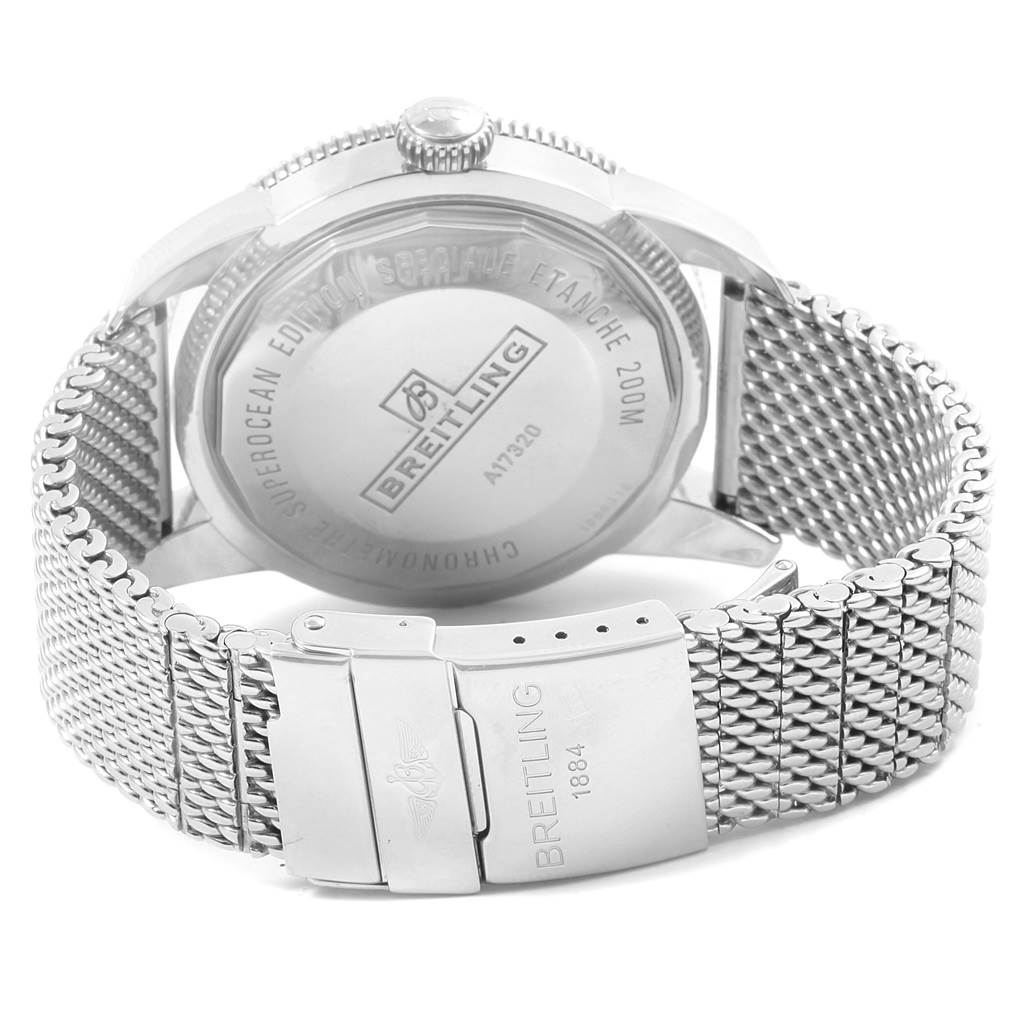 The image shows the back casing and bracelet of a Breitling Superocean A17320 Men's Stainless Steel Blue Dial A17320 Men's Stainless Steel Blue Dial watch from a rear angle.