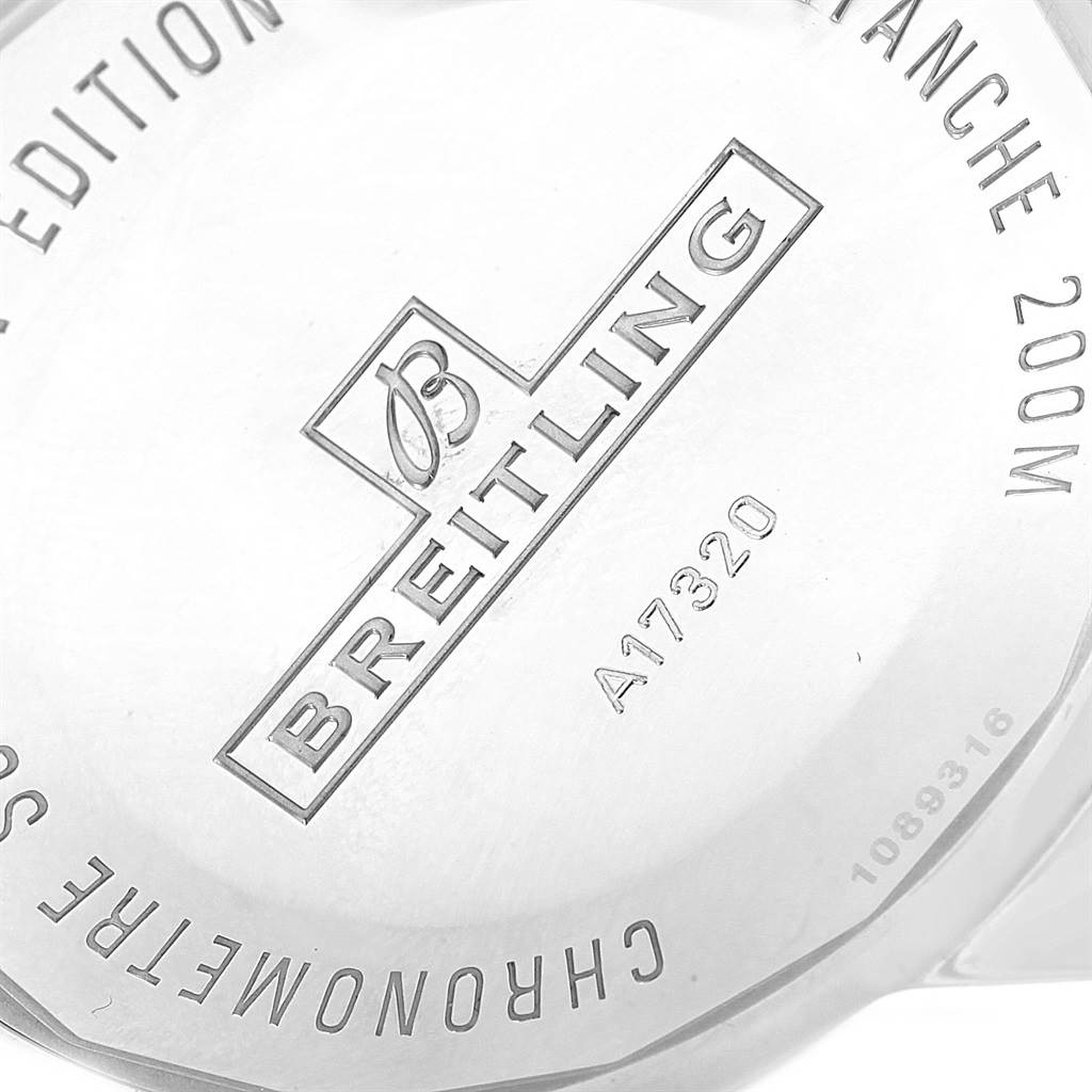 The image shows the case back of a Breitling Superocean A17320 Men's Stainless Steel Blue Dial A17320 Men's Stainless Steel Blue Dial watch with engraved details and branding.