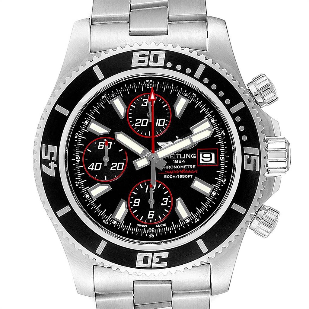 The image shows a front view of the Breitling Superocean A13341 Men's Stainless Steel Black Dial A13341 Men's Stainless Steel Black Dial watch with its bezel, dial, chronograph sub-dials, and bracelet.