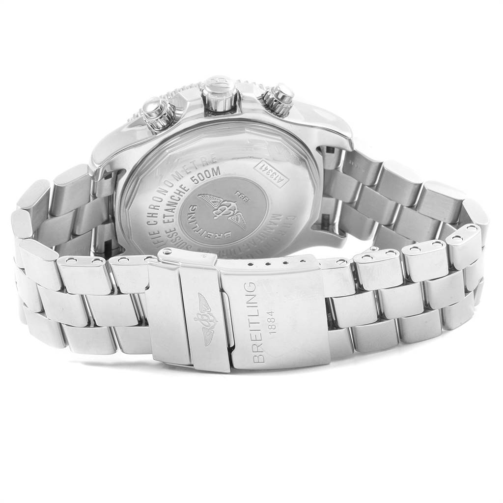 The image shows the back and bracelet clasp of a Breitling Superocean A13341 Men's Stainless Steel Black Dial A13341 Men's Stainless Steel Black Dial watch viewed from the rear angle.
