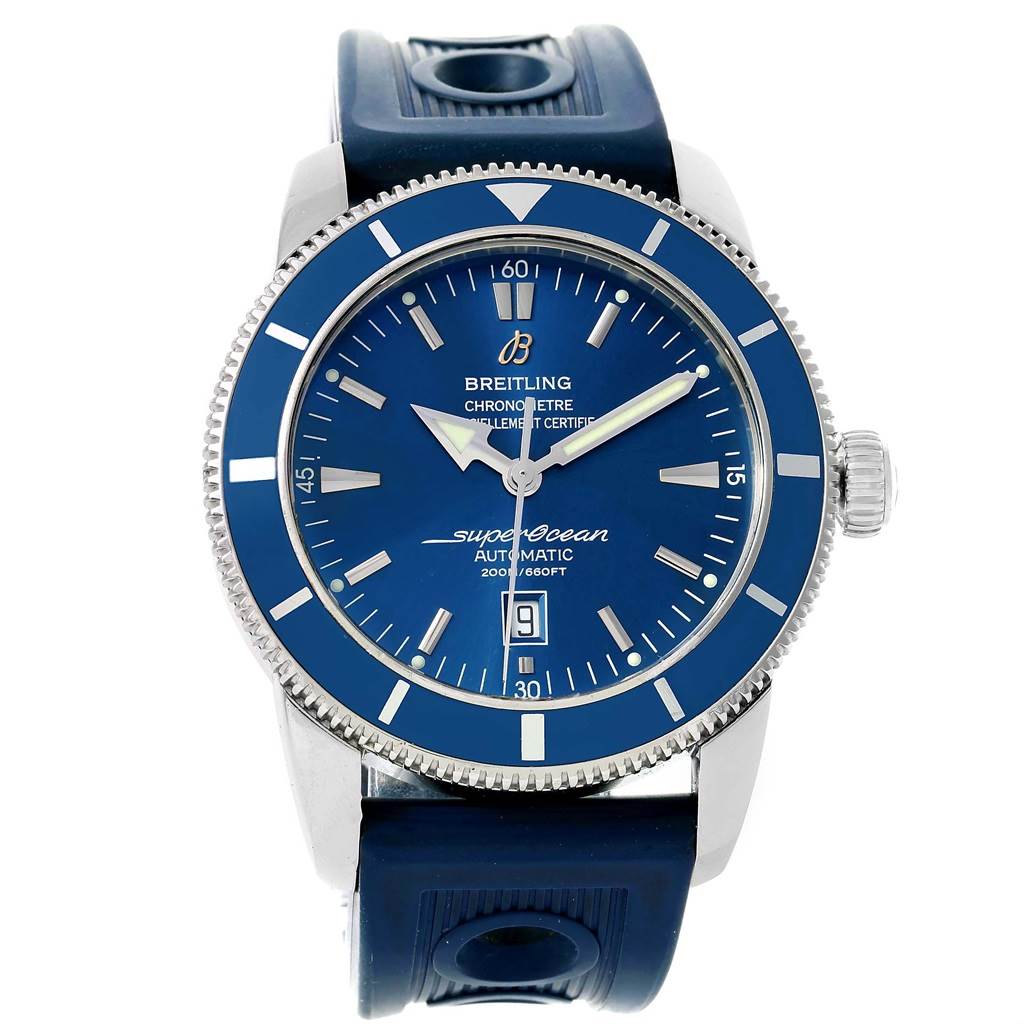 The Breitling Superocean A17320 Men's Stainless Steel Blue Dial A17320 Men's Stainless Steel Blue Dial watch is shown from a front angle, displaying its blue dial, luminous hands, bezel, and date window.