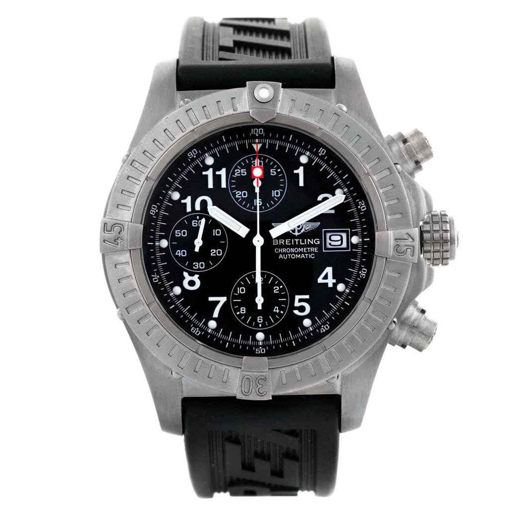 The image shows a front view of the Breitling Avenger E13360 Men's Titanium Black Dial E13360 Men's Titanium Black Dial chronograph watch, displaying its face, bezel, and rubber strap.