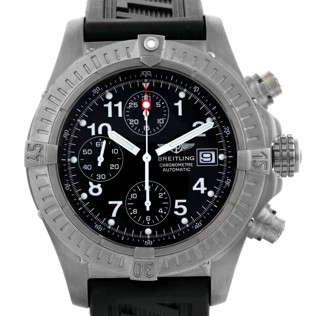 The image shows a front view of the Breitling Avenger E13360 Men's Titanium Black Dial E13360 Men's Titanium Black Dial watch, displaying its face, bezel, crown, and pushers.