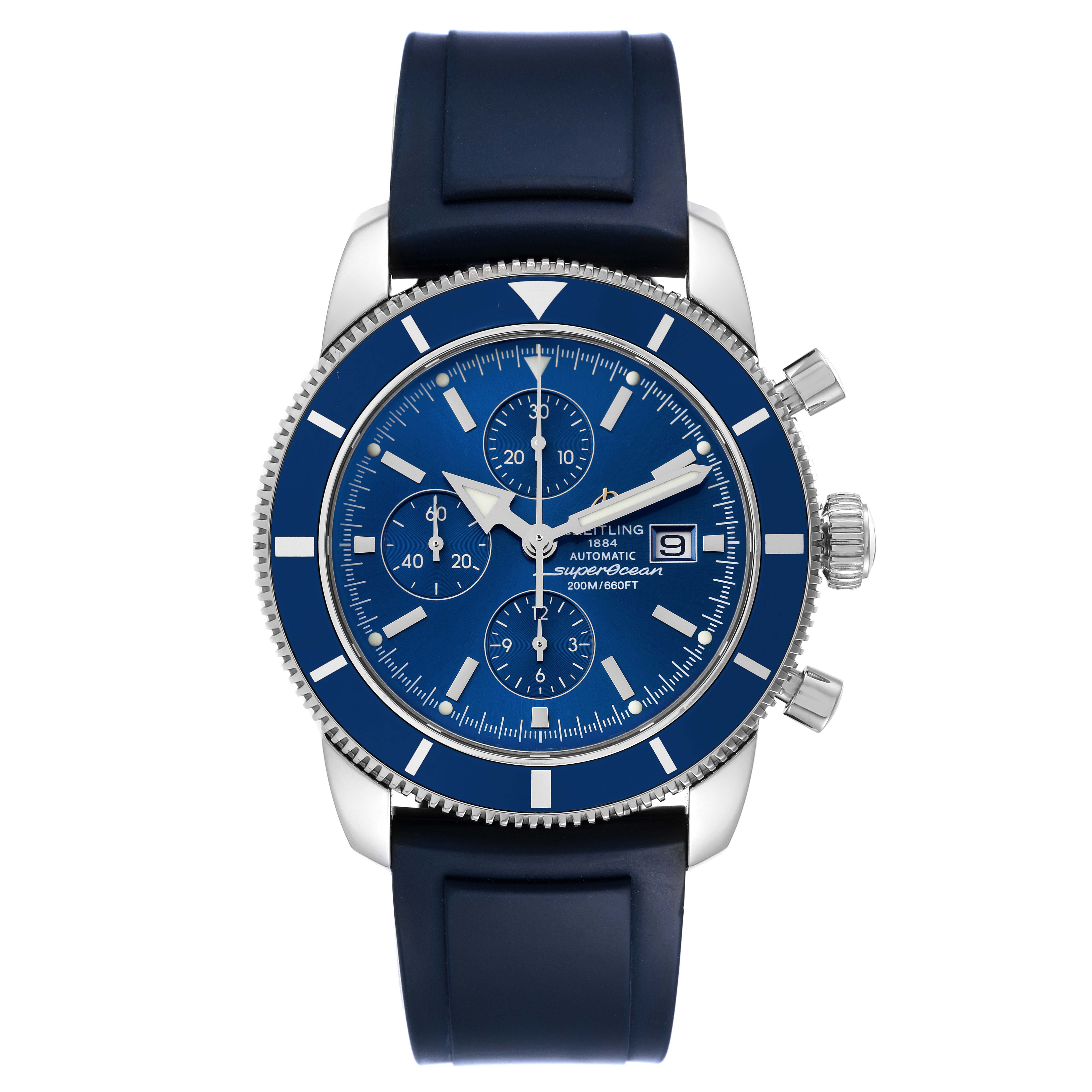 This Breitling Superocean A13320 Men's Stainless Steel Blue Dial A13320 Men's Stainless Steel Blue Dial watch is shown from the front, displaying its blue dial, chronograph subdials, and rubber strap.