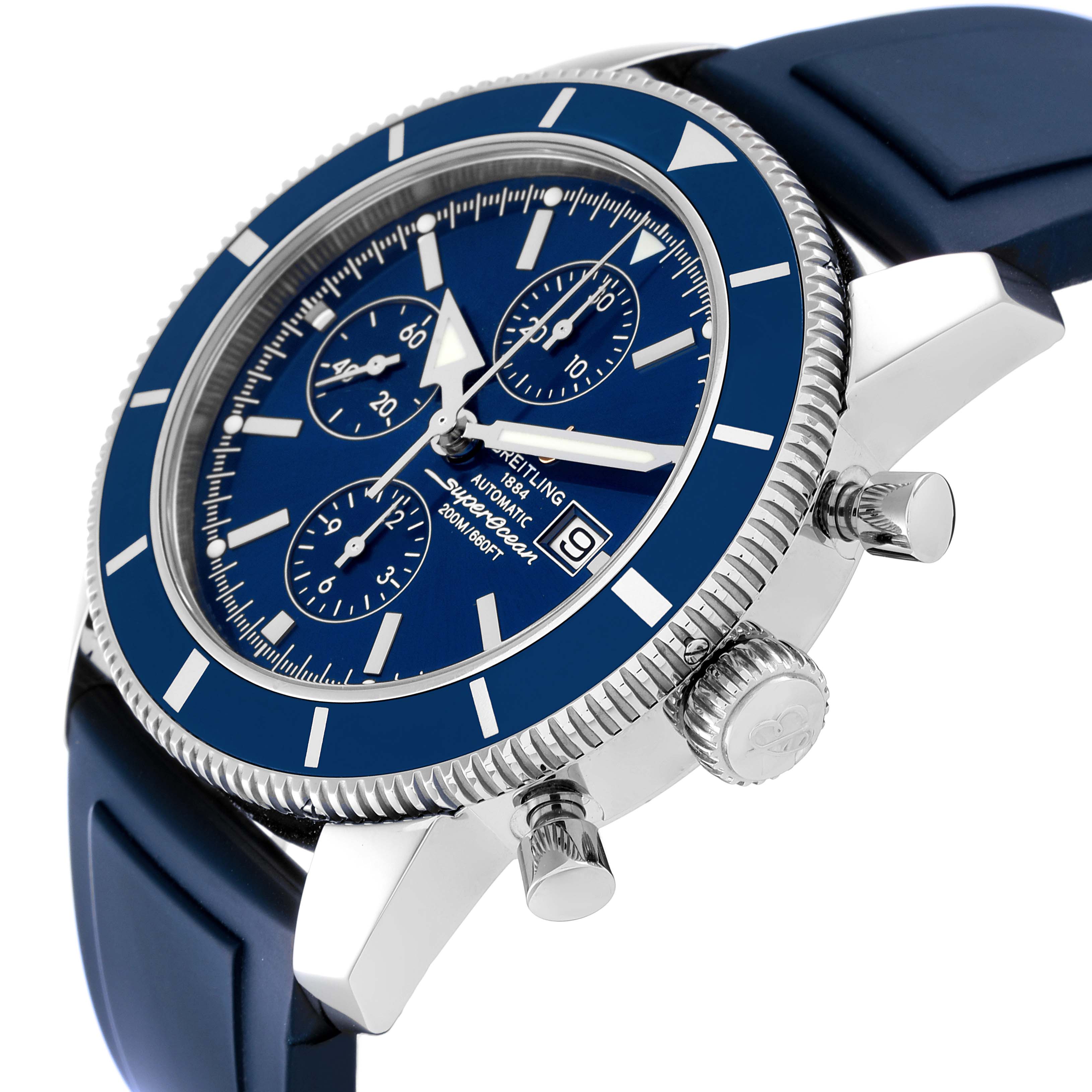 This image shows a side angle of a Breitling Superocean A13320 Men's Stainless Steel Blue Dial A13320 Men's Stainless Steel Blue Dial watch, displaying the crown, bezel, and chronograph dials.