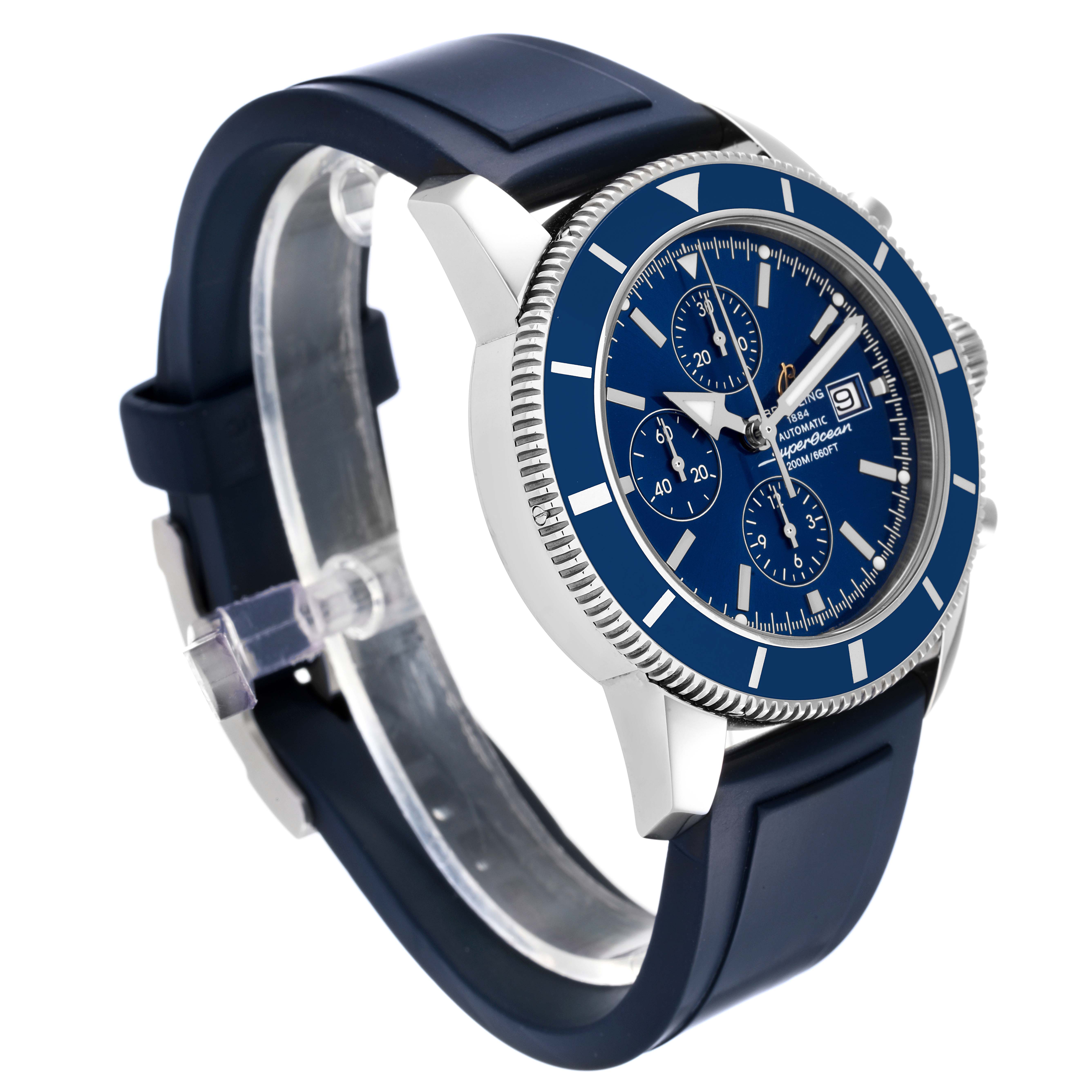 The image shows the Breitling Superocean A13320 Men's Stainless Steel Blue Dial A13320 Men's Stainless Steel Blue Dial watch at a three-quarter angle, highlighting the blue dial, bezel, and rubber strap.