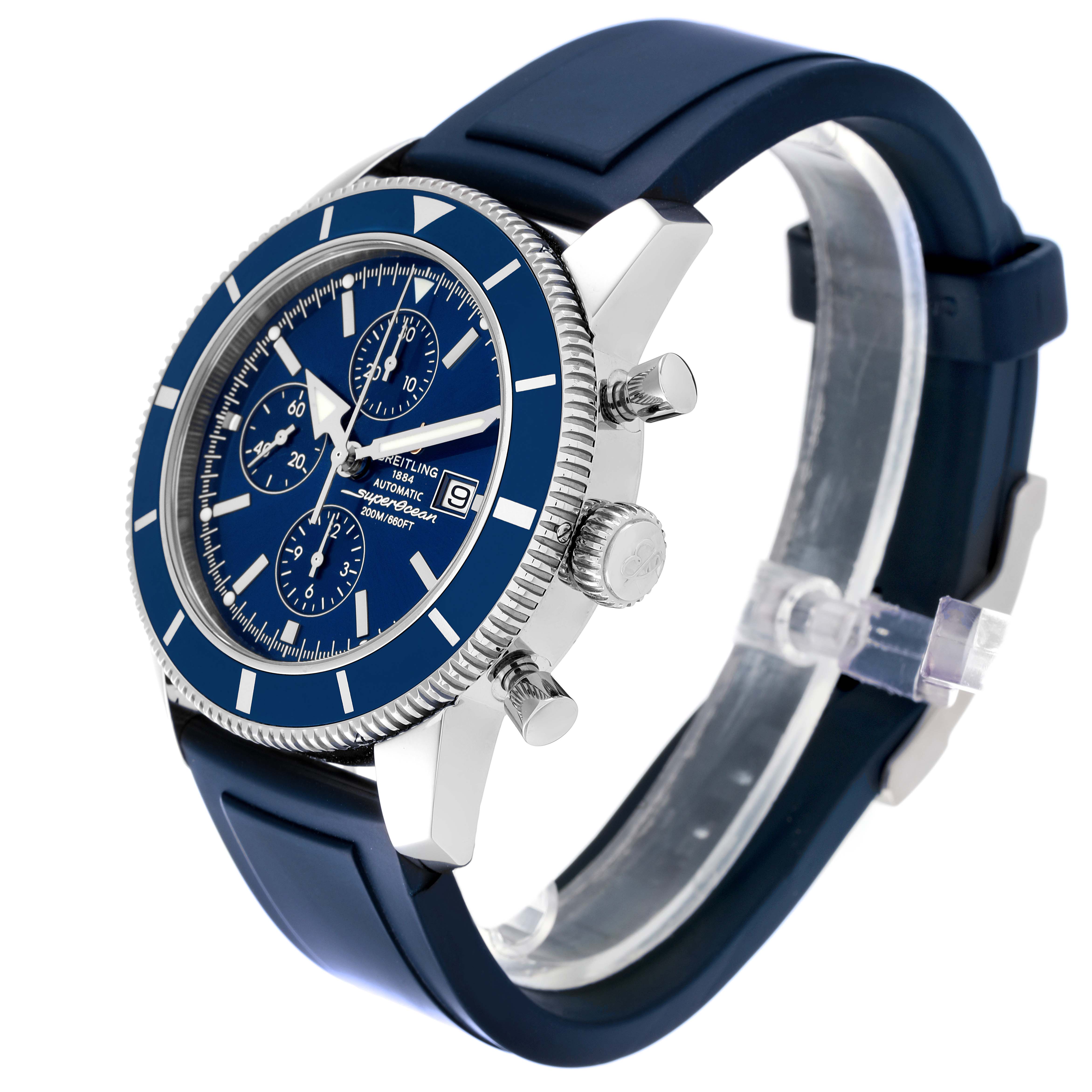 The Breitling Superocean A13320 Men's Stainless Steel Blue Dial A13320 Men's Stainless Steel Blue Dial watch is shown at an angle highlighting the face, bezel, side crown, and portion of the strap.