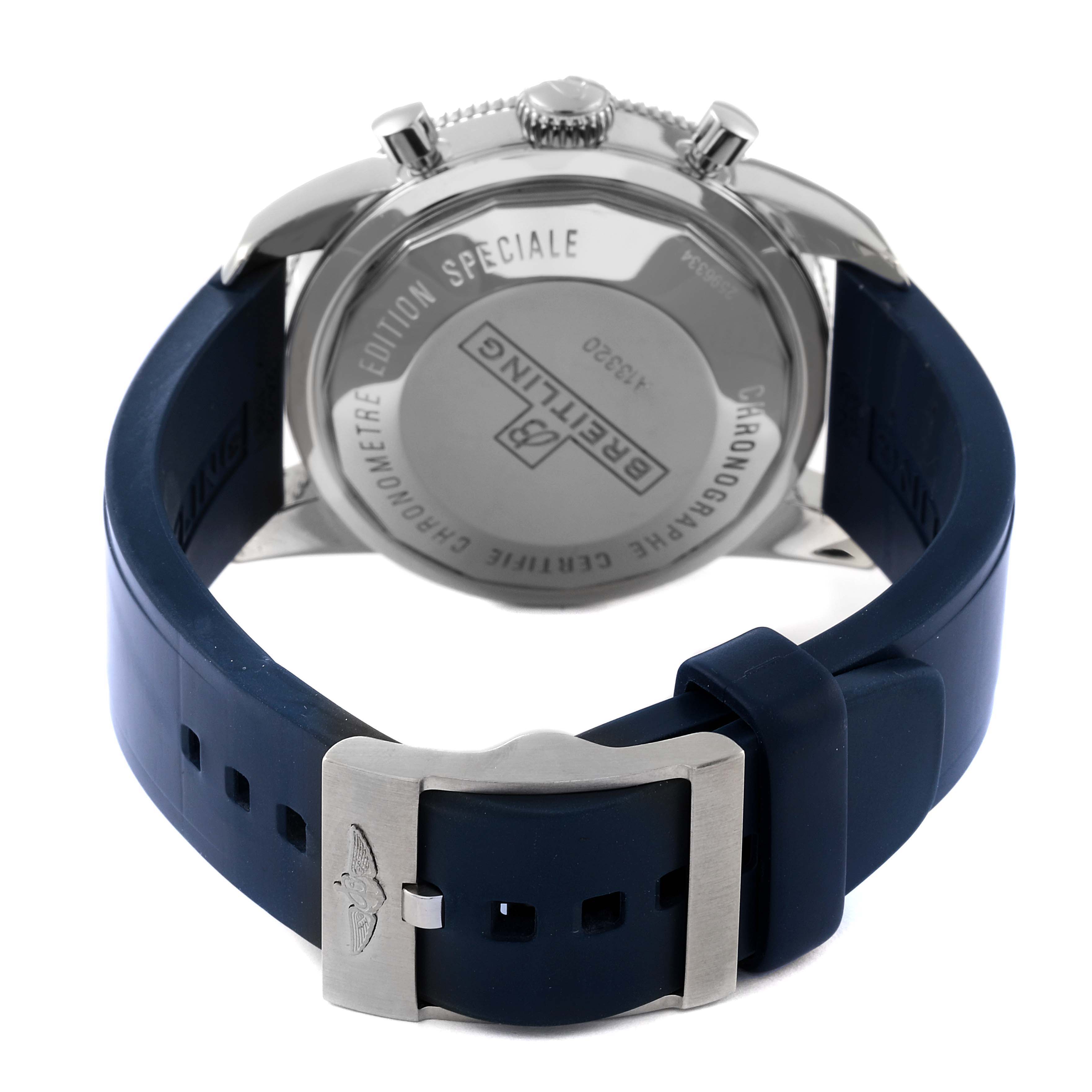 The image shows the back of the Breitling Superocean A13320 Men's Stainless Steel Blue Dial A13320 Men's Stainless Steel Blue Dial watch, highlighting the case back and a blue rubber strap with a steel buckle.